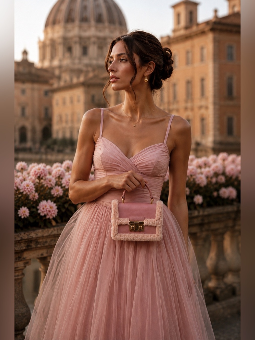 European Furla Italian romance 🌸 Petite pink fur bag, gold clasp + dust bag.🇮🇹🇮🇹